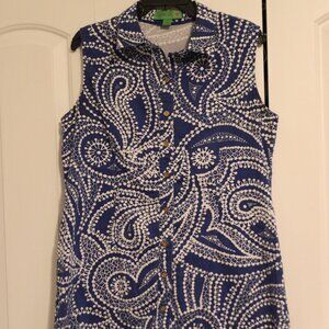 Island Republic Beautiful Blue/White Paisley Dot Sleeveless Button Dress Sz 14